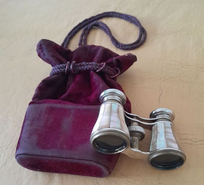 Largavista antiguo usado, nacarado y metal con estuche original